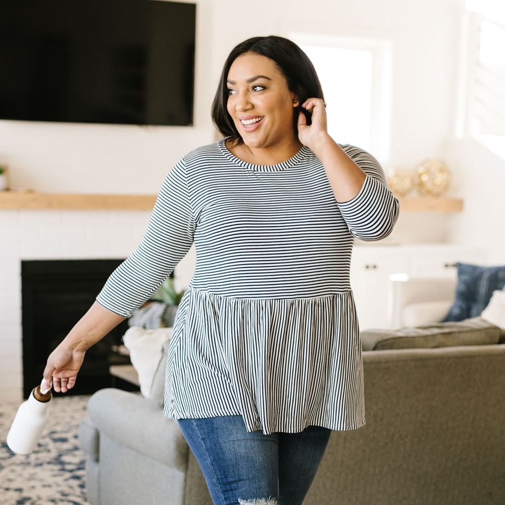 Mini Striped Babydoll Top In Navy - Picture 5 of 8